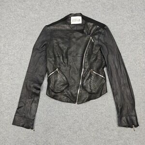 Illia Jacket Womens‎ 0 Black Leather Croc Embossed Moto Asym Zip Pockets Stretch